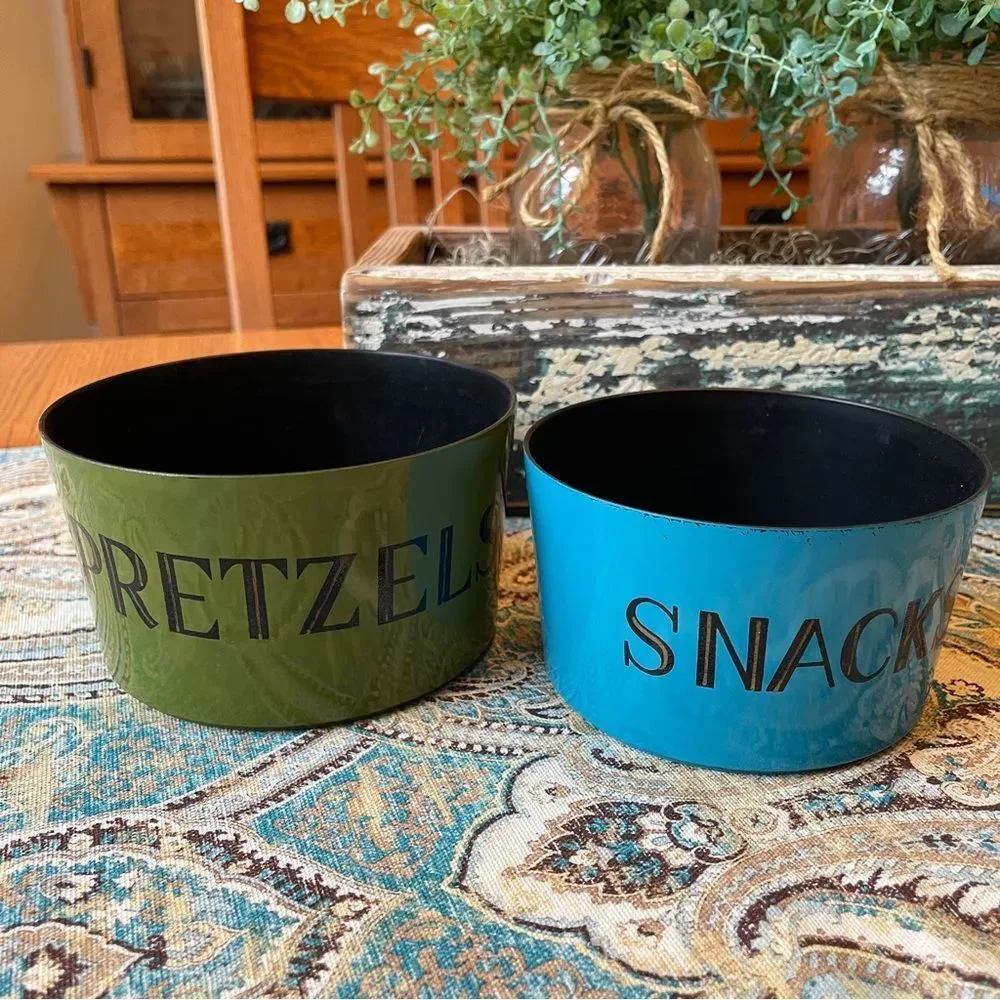 Mid Century Melamine Pretzel & Snack Bowls Green Blue Black Set of 2 1970s